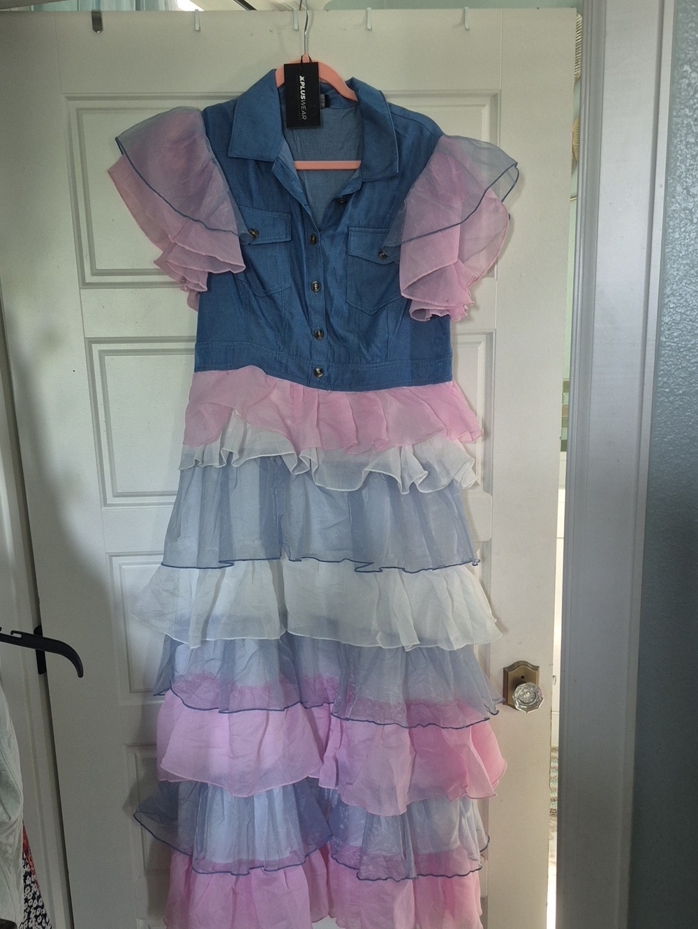Blue Denim and Pink Tiered Ruffle Ladies Dress